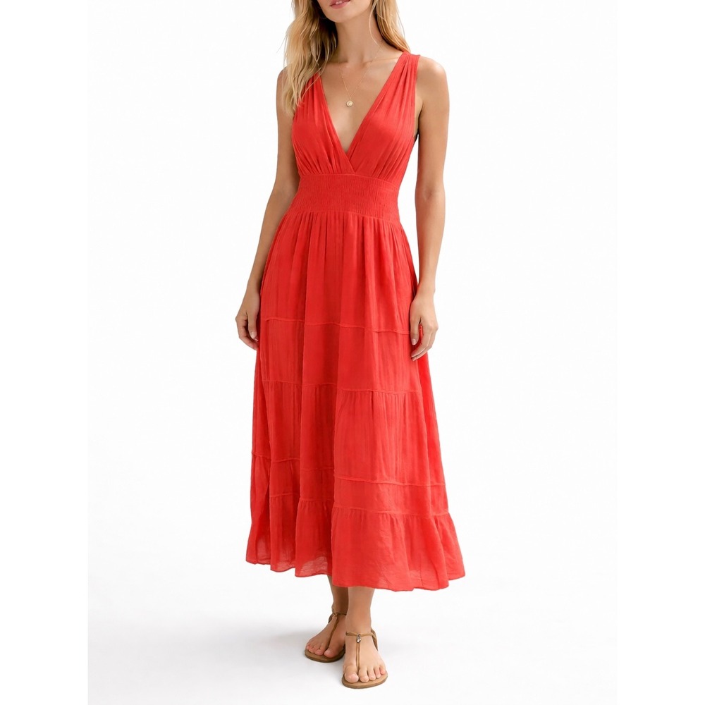 Felicite Red Cotton Gauze Smocked Tiered Maxi Dress V-Neck Sleeveless Size 3 S/M